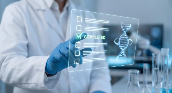 Scientist completing a digital checklist with DNA helix, research progress and biotechnology concept. - Powered by Adobe