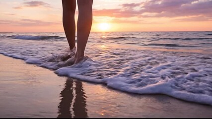 Woman Walking on Beach at Sunset