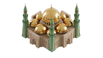 Isometric Mosque Illustration with Golden Domes and Minarets