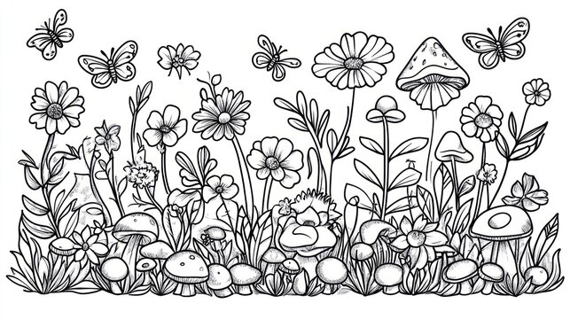 Black and white illustration of a vibrant meadow filled with flowers, mushrooms, and butterflies.  Detailed line art depicts various flora and fauna in a whimsical style