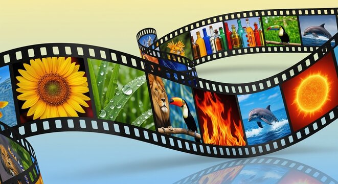 Wavy film strips display diverse photos including sunflower, water drops, wildlife, flames, and nature scenes. Perfect for media, photography, cinema, or creative portfolio projects.
