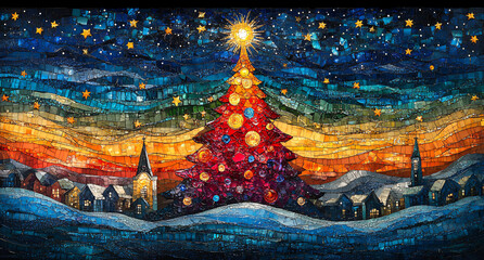 Festive Scene in Stained Glass Style with Bright Tree and Church at Sunset