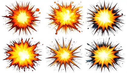 Six vibrant, cartoonish explosions in various forms with fiery orange and yellow hues