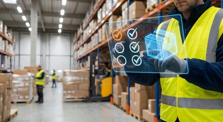 Warehouse worker using digital tablet for inventory management and quality control checks.