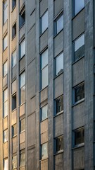 Modern concrete building facade with many windows reflecting light.