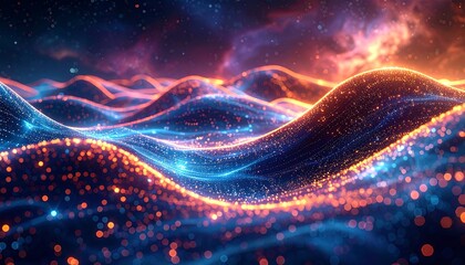Glowing blue and orange waves under a nebula sky, sparkling with light