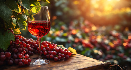 Glass of Red Wine on Wooden Table with Bunches of Grapes in Vineyard at Sunset