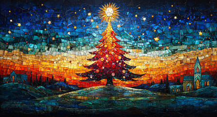 Christmas Tree in Mosaic Illuminated with Star Over Winter Landscape