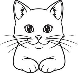 Fototapeta premium Cute cat outline in a relaxed pose with paws tucked under, large round eyes, perked ears, and flowing whiskers. Smooth black vector lines on transparent background make it perfect for logos, tattoos