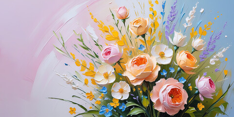 Colorful floral oil painting with impasto texture and pastel gradient background. Wedding, Mother's day, Valentine's day, greeting card.