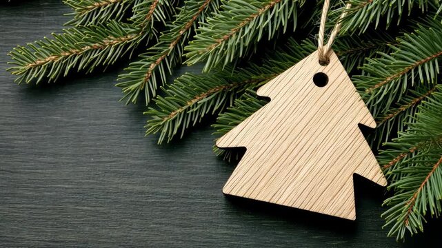 A wooden tree-shaped ornament rests on green pine branches, adding charm and warmth for decorating during the holidays