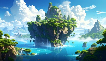 Island paradise with rocky cliffs, lush vegetation, cascading waterfalls, and a serene turquoise sea under a cloudy sky