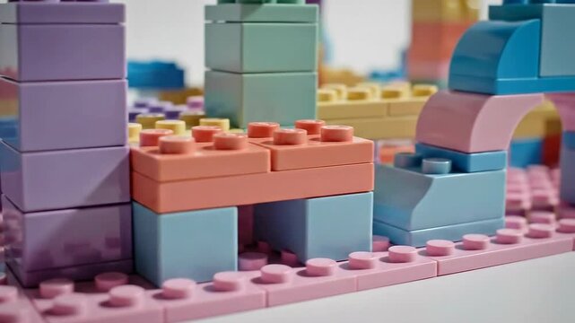 Pastel colored plastic building blocks assembled for creative play