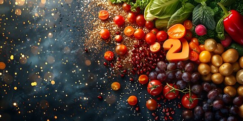 Panoramic Fruit & Vegetable Arrangement with Festive Bokeh Lights