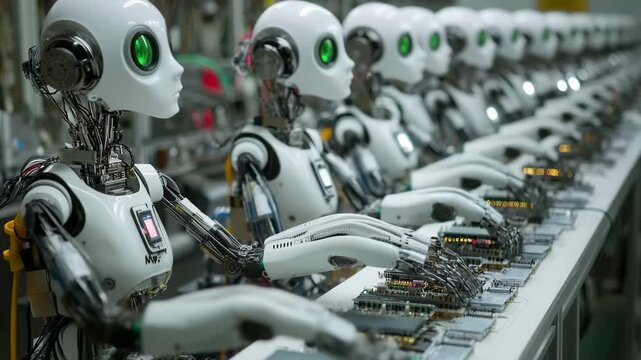 Robotic Assembly Line: A fleet of sleek, intelligent robots working in perfect synchronization within a futuristic factory, showcasing automation at its finest.