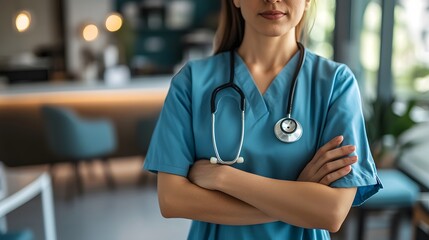 Surgeon or nurse in medical uniform posing for hospital portrait, focus on energy, lifestyle care, and healthcare harmony