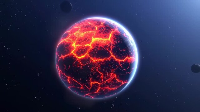 A fiery, cracked planet glows with lava in space, surrounded by celestial bodies and asteroid