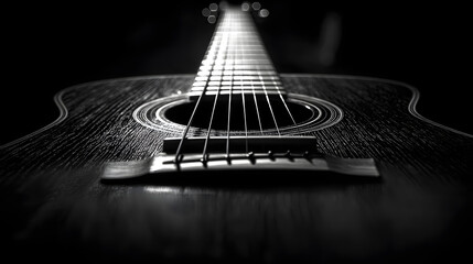 Close-up photo of an acoustic guitar, capturing the classic sound and musician's hand playing