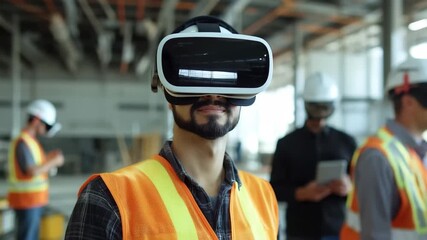 Virtual Reality in Construction: A construction worker wearing a VR headset smiles confidently, illustrating the use of immersive technology to transform industry practices - Powered by Adobe