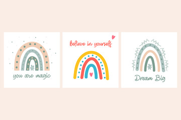 Fototapeta premium Motivational boho rainbow trio card you are magic, believe in yourself, dream big