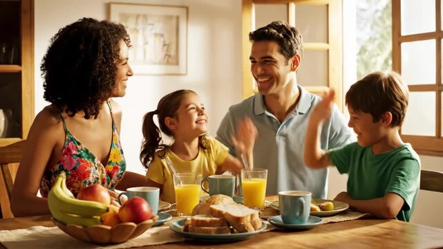 Happy Family Breakfast Time - A family of four is sitting at a table eating breakfast and laughing. The table is set with fruit, toast, and orange juice.