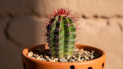 Cactus with reddish-pink spines and green ridged body in terracotta pot on gravel highlights desert contrast