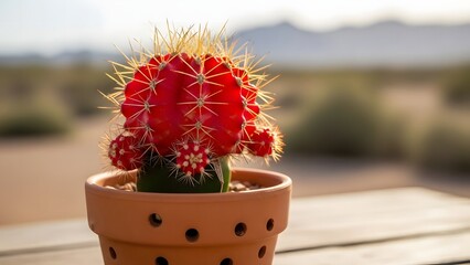 Moon cactus with vivid red top and yellow spines in terracotta pot contrasts desert backdrop and bright sky