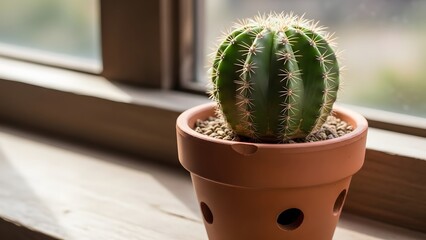 Cactus with white spines in terracotta pot on windowsill glows in sunlight and shadow play