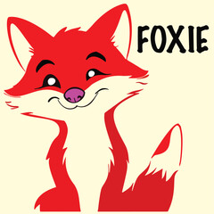 A charming and colorful vector illustration of a red fox character with a playful expression, featuring the name 'FOXIE' in bold, black typography