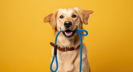 Happy golden retriever holds blue leash in mouth against bright yellow background. Perfect for pet care services, dog walking ads, or animal training content. Shows playful, energetic mood.