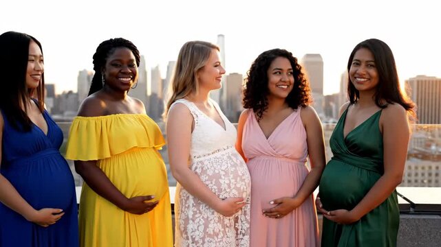 Diverse Group of Pregnant Women - Five pregnant women of diverse ethnicities are standing together on a rooftop, cradling their bellies and smiling.
