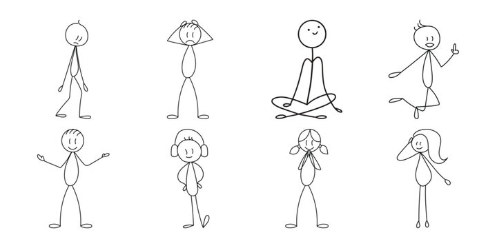 Simple stick figure drawing set showcasing various human emotions Vector