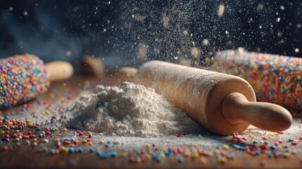 A holiday-themed baking session with flour, rolling pins, and colorful sprinkles,