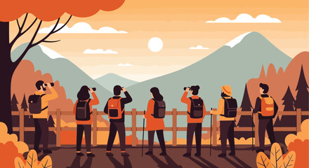 Fototapeta premium Group of hikers enjoying scenic mountain view with binoculars.
