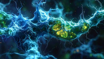 Intricate bioluminescent structure with tendrils, glowing green and blue amidst a dark background with particles