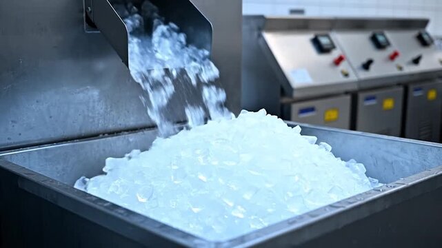 Automated ice production machine dispensing fresh frozen ice cubes into a large storage bin for chilling beverages and food items in a commercial kitchen
