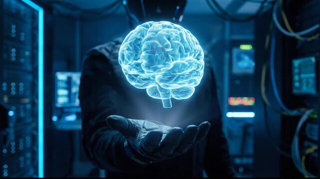 AI Brain Interface: Man Holds Holographic Brain