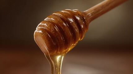 golden honey dripping from wooden dipper, warm cinematic lighting, ultra detailed macro, minimalistic clean composition