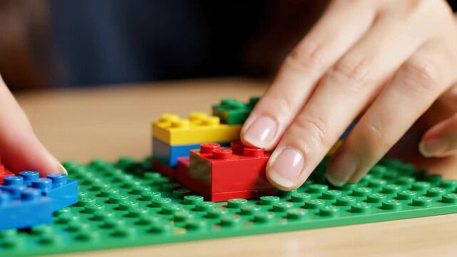 Building a colorful toy structure with plastic blocks on a baseplate