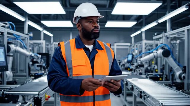 Factory Worker Using Tablet - A black male factory worker wearing a hard hat and safety vest is using a tablet in a factory. The background shows robotic arms and a conveyor belt.