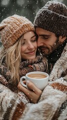 A loving couple in winter under a blanket with a cup of hot coffee, it's snowing.