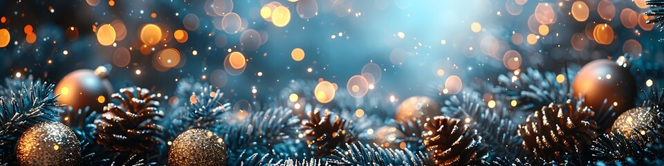 Panoramic Christmas Lights and Pine Cones Background with Bokeh