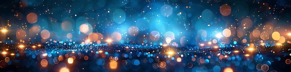 Panoramic Background of Blurred Golden and Blue Lights with Bokeh Effect