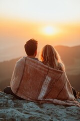 A loving couple, wrapped in a blanket, sits on a mountain at sunset. View from behind. The man and woman are traveling together
