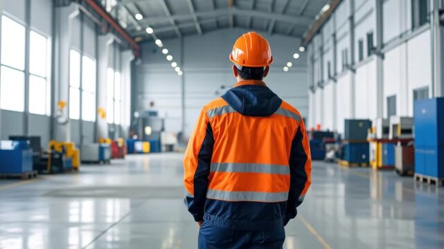 Industrial Worker in Orange Safety Gear Surveys Large Factory Floor.
