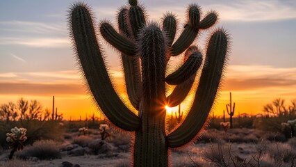 Saguaro cactus silhouetted against desert sunset with radiant starburst and serene arid landscape