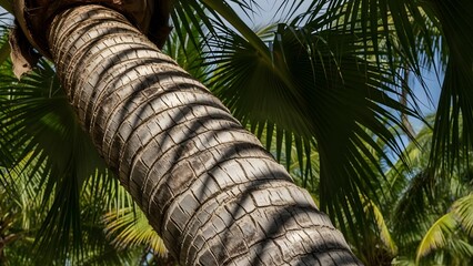 Palm trunk closeup with textured bark and striped shadows in tropical light evokes natural detail