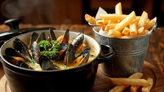 Moules Frites Seafood Dish - This video shows a pot of Moules Frites, a dish of mussels cooked in broth and served with french fries.