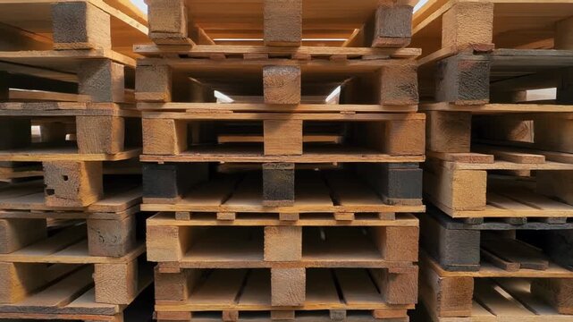 Stack of wooden shipping pallets in storage, industrial warehouse footage