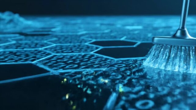 Digital Cleanup: Virtual Broom Sweeping Data - A futuristic, conceptual video shows a glowing, digital broom sweeping across a surface covered in blue data patterns.